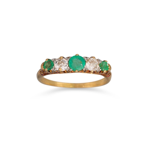 38 - A DIAMOND AND EMERALD RING, the five stone set with circular stones, in 18ct gold, size N - O