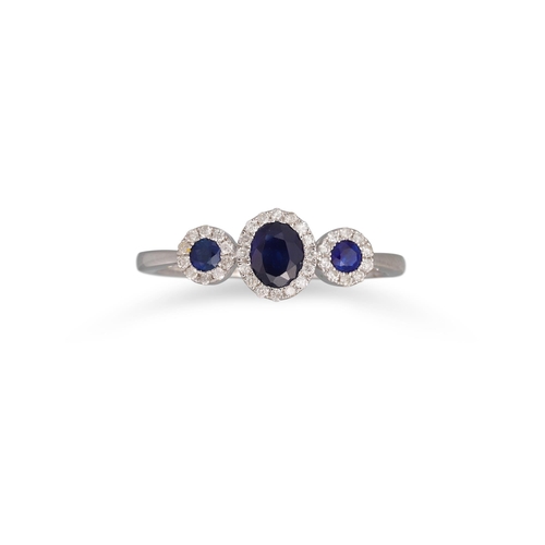 40 - A DIAMOND AND SAPPHIRE TRIPLE CLUSTER RING, mounted in 9ct gold, size O