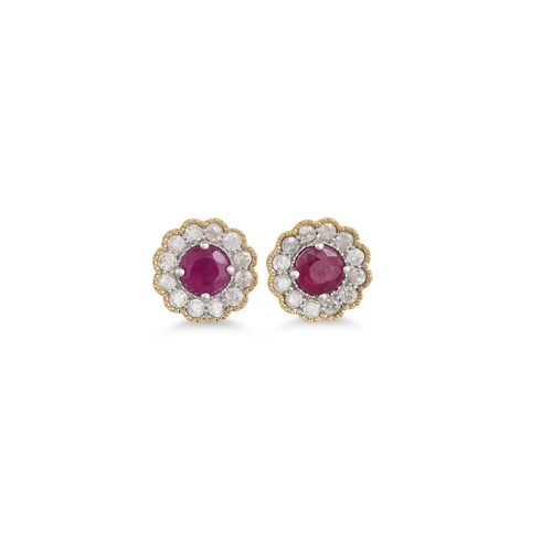 44 - A PAIR OF DIAMOND AND RUBY CLUSTER EARRINGS, mounted in white and yellow gold