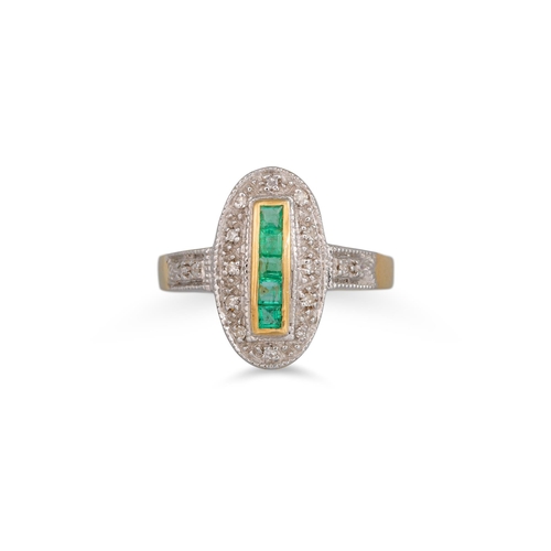 46 - A DIAMOND AND EMERALD CLUSTER RING, the baguette emerald to diamond surround and shoulders, mounted ... 