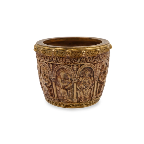 506 - A MID 20TH CENTURY CONTINENTAL HOLY WATER FONT, mixed material depicting various saints & scollars t... 