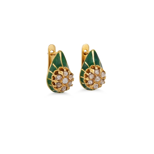 52 - A PAIR OF ANTIQUE DIAMOND AND ENAMEL EARRINGS, the shaped plaques set in enamel and old cut diamond ... 