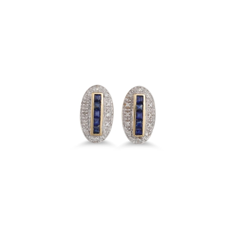 53 - A PAIR OF DIAMOND AND SAPPHIRE CLUSTER EARRINGS, the baguette sapphire to diamond surround, mounted ... 