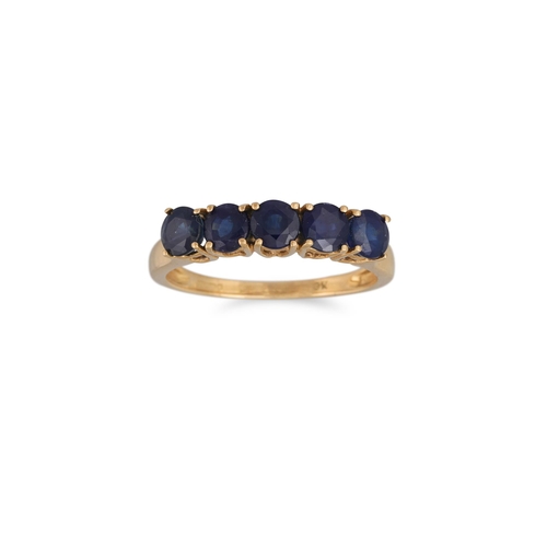 55 - A FIVE STONE SAPPHIRE RING, set with circular stones, size O