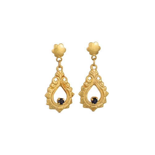 56 - A PAIR OF SAPPHIRE DROP EARRINGS, to gold shaped plaques