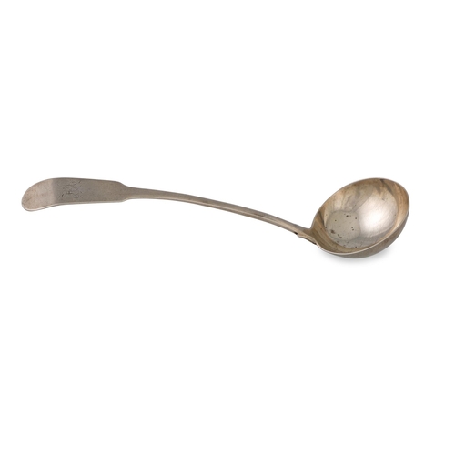 568 - A GEORGE III IRISH PROVINCIAL SILVER CORK SAUCE LADLE, marked 'sterling' (after 1808, markers mark f... 