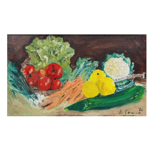 593 - ANN COWAN (UK 20th Century) Untitled, fruit and veg, still life, oil on board, ca 20 × 24” signed & ... 