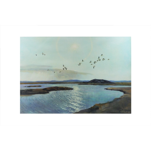 595 - AFTER SIR PETER SCOTT (1909-89) 'Geese in flight over estuary', water colour Repro, 37 x 58 cm