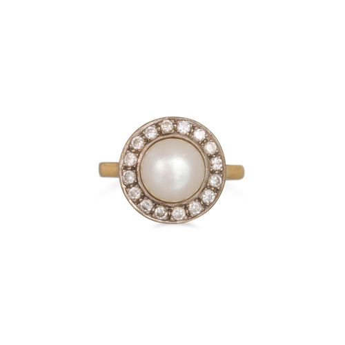 65 - A PEARL AND DIAMOND CLUSTER RING, mounted in 18ct yellow gold. Estimated: weight of diamonds: 0.40 c... 