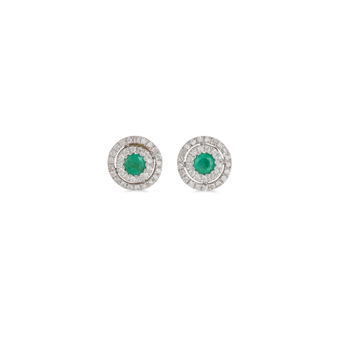 83 - A PAIR OF DIAMOND AND EMERALD CLUSTER EARRINGS, the round emerald to diamond surround, mounted in ye... 