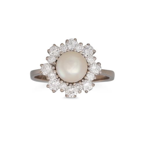 111 - A PEARL AND DIAMOND CLUSTER RING, the central pearl to a diamond surround, mounted in 18ct white gol... 