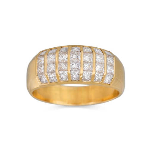 116 - A DIAMOND CLUSTER RING, the princess cut diamonds channel set in 18ct yellow gold. Estimated: weight... 