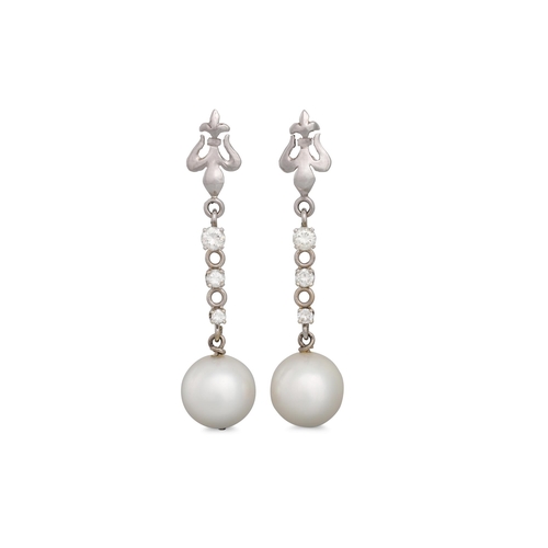 117 - A PAIR OF SOUTH SEA PEARL AND DIAMOND DROP EARRINGS, the three round brilliant cut diamonds to a pea... 