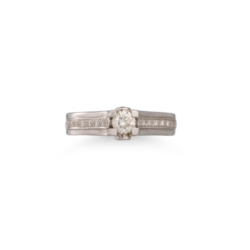 191 - A DIAMOND SOLITAIRE RING, the brilliant cut diamond to diamond shoulders, mounted in 18ct white gold... 