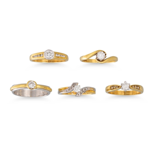 203 - FIVE DIAMOND SOLITAIRE RINGS, mounted in 18ct yellow gold. Estimated: weight of diamonds: 0.20 ct. x... 