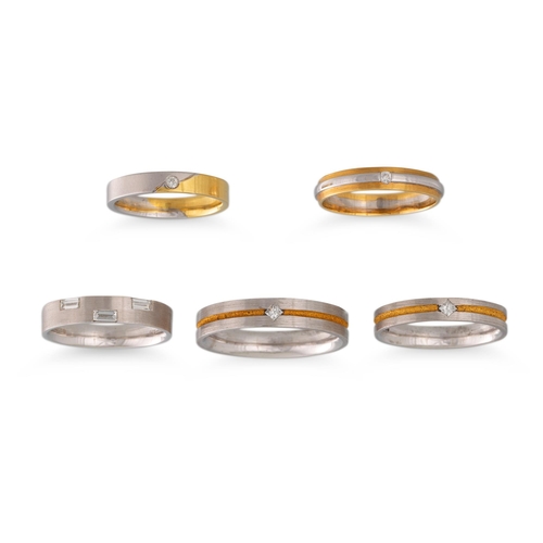 205 - FIVE DIAMOND SET BANDS, mounted in 18ct yellow gold and white gold, 23 g.