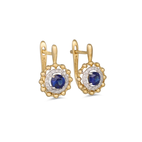 23 - A PAIR OF DIAMOND AND SAPPHIRE DROP EARRINGS, the circular sapphires to diamond surrounds, mounted i... 