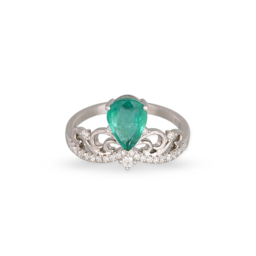 234 - AN EMERALD AND DIAMOND RING, the pear shaped emerald to shaped diamond surround, mounted in 18ct whi... 