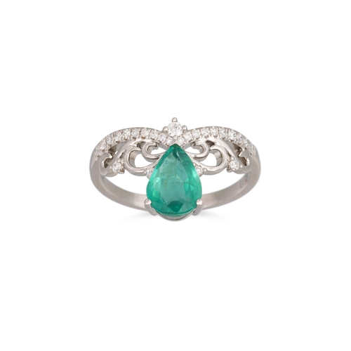 234 - AN EMERALD AND DIAMOND RING, the pear shaped emerald to shaped diamond surround, mounted in 18ct whi... 