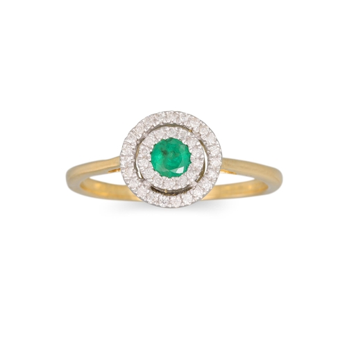 26 - A DIAMOND AND EMERALD CLUSTER RING, the round emerald to diamond surround, mounted in 9ct yellow gol... 