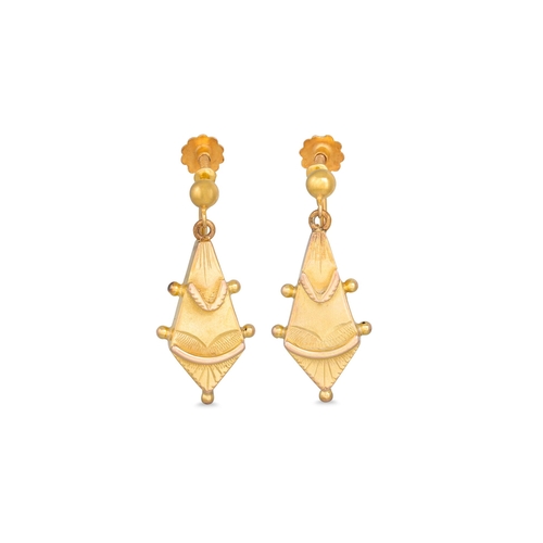 27 - A PAIR OF ANTIQUE 9CT GOLD DROP EARRINGS, screw back fittings