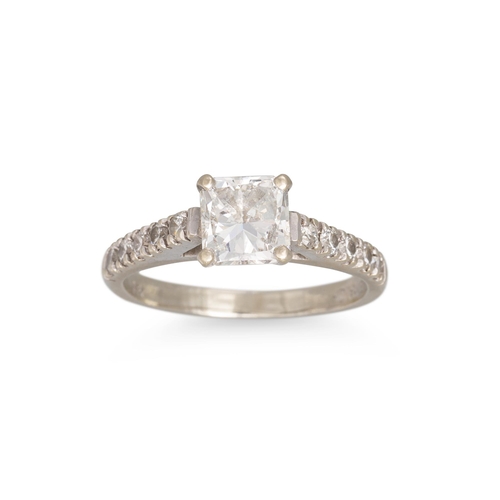 279 - A SQUARE MODIFIED BRILLIANT CUT DIAMOND SOLITAIRE RING, to diamond shoulders, mounted in gold. Toget... 