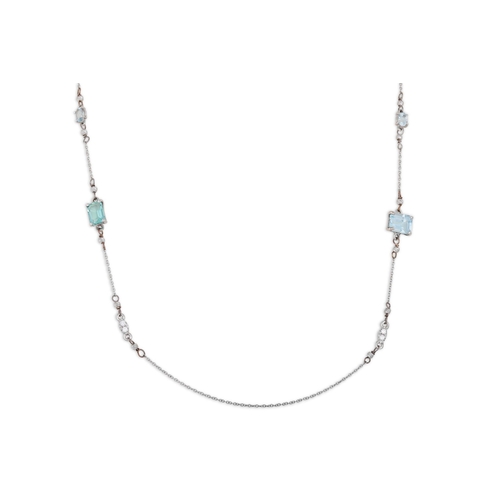 301 - AN AQUAMARINE AND DIAMOND NECKLACE, set with rectangular aquamarines and brilliant cut diamonds, mou... 