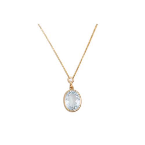 311 - AN AQUAMARINE AND DIAMOND PENDANT, the circular aquamarine to a diamond bail, mounted in yellow gold... 