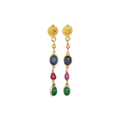 313 - A PAIR OF SAPPHIRE, EMERALD AND RUBY DROP EARRINGS, mounted in yellow gold