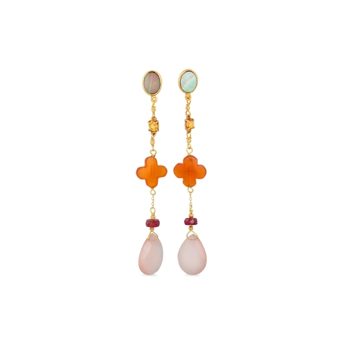 315 - A PAIR OF PINK CHALCEDONY, CARNELIAN AND YELLOW SAPPHIRE DROP EARRINGS, mounted in yellow gold