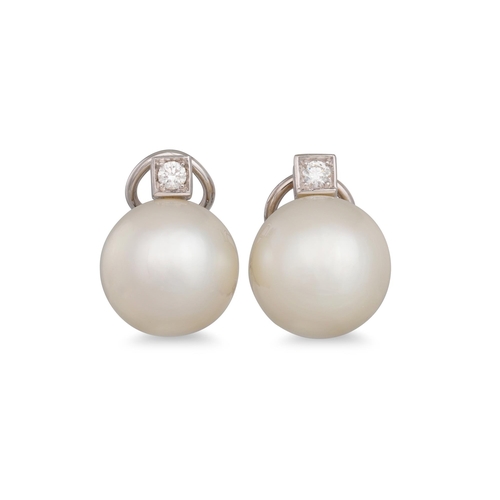 316 - A PAIR OF SOUTH SEA PEARL AND DIAMOND EARRINGS, the large south sea pearl to round brilliant cut dia... 