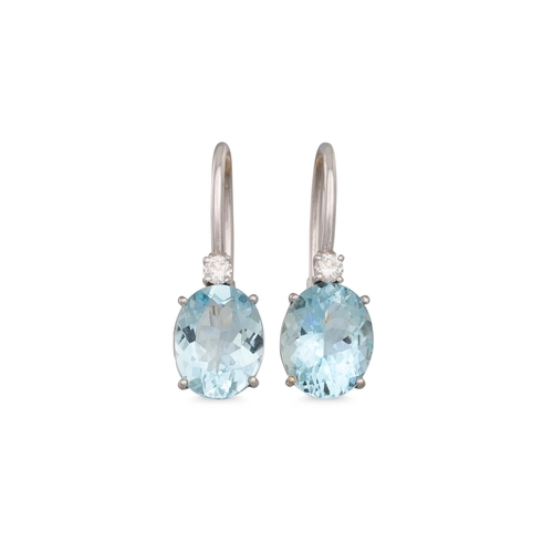 317 - A PAIR OF AQUAMARINE AND DIAMOND DROP EARRINGS, set with oval aquamarines and brilliant cut diamonds... 