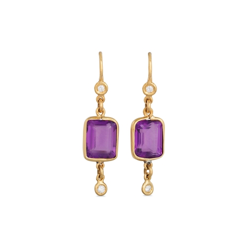 320 - A PAIR OF AMETHYST AND DROP EARRINGS, the rectangular amethyst to a diamond drop, mounted in yellow ... 