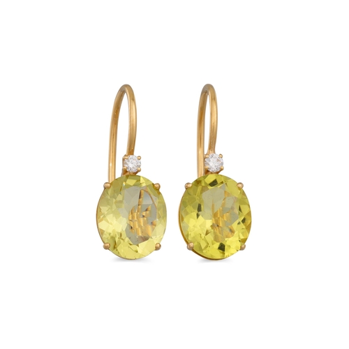 321 - A PAIR OF LEMON QUARTZ AND DIAMOND DROP EARRINGS, mounted in yellow gold. Estimated: weight of diamo... 