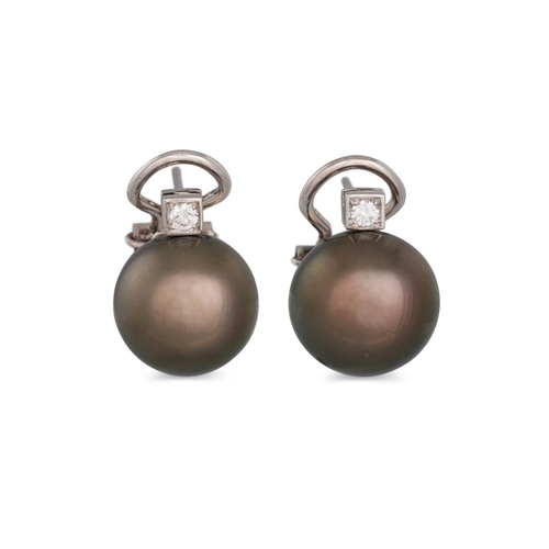 322 - A PAIR OF TAHITIAN PEARL AND DIAMOND EARRINGS, the dark toned pearls surmounted by diamonds, mounted... 