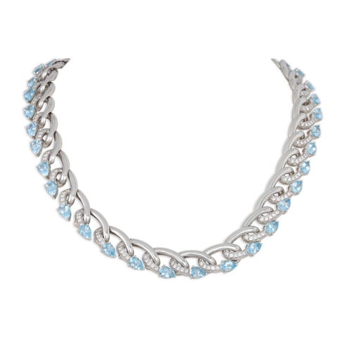 333 - AN AQUAMARINE AND DIAMOND NECKLACE, mounted in 18ct white gold, 90 g. 16” long