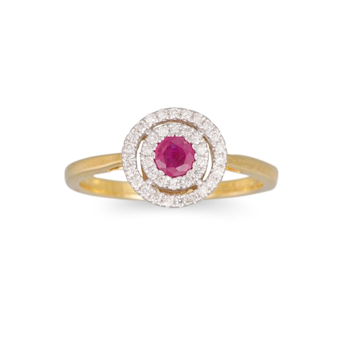 34 - A DIAMOND AND RUBY CLUSTER RING, the circular ruby to a two rowed diamond surround, mounted in yello... 