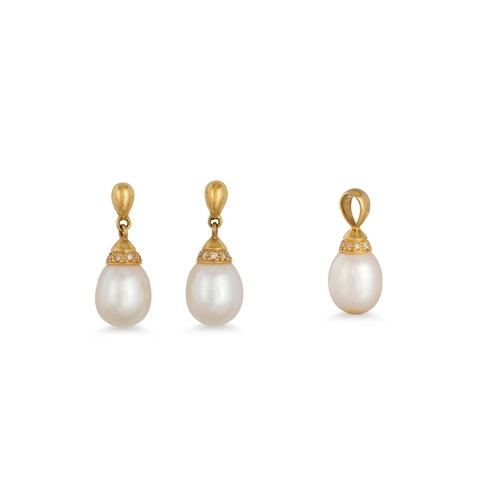 342 - A PAIR OF DIAMOND AND PEARL DROP EARRINGS, together with a matching pendant, mounted in 18ct yellow ... 