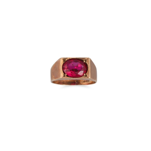 344 - A VINTAGE SYNTHETIC RUBY RING, mounted in 9ct gold. Size L