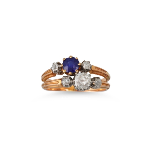 349 - AN ANTIQUE DIAMOND AND SAPPHIRE SET DRESS RING, comprising two three stone rings soldered together, ... 