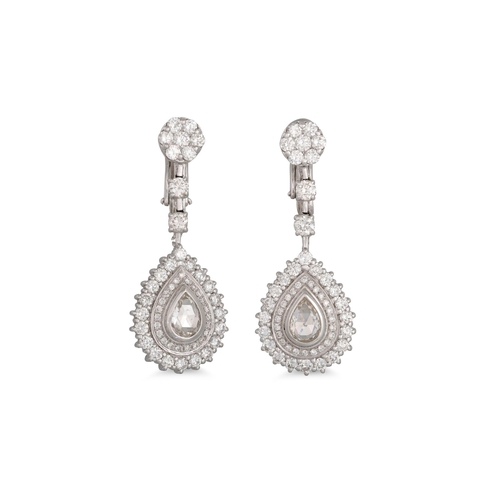 355 - A PAIR OF DIAMOND DROP CLUSTER EARRINGS, the two rose cut diamonds set to centre with brilliant cut ... 