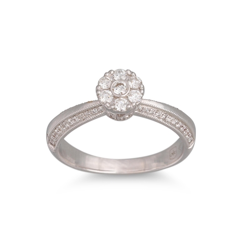 361 - A DIAMOND CLUSTER RING, mounted in 18ct white gold. Estimated: weight of diamonds: 0.70 ct. colour a... 