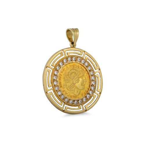 367 - A 14CT GOLD CZ SET GREEK STYLE MEDALLION, 11.6 g.