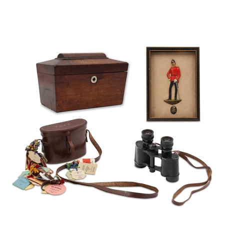 420 - A ROSEWOOD TEA CADDY, together with a pair of 20th Century Binoculars and a case military relief