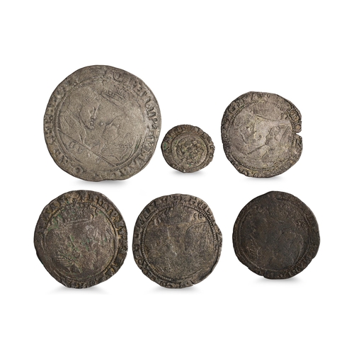 439 - 1555 MARY AND PHILIP SPAIN IRISH HARP SHILLING COIN VG, plus 4 x 4d groats VG, and 1 X 1d rose penny... 