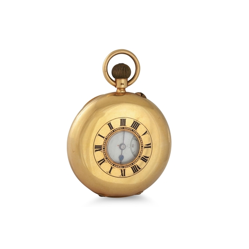 46 - A VINTAGE 18CT GOLD HALF HUNTER POCKET WATCH, white enamel dial, Roman numerals