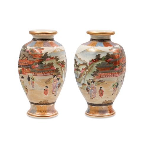 523 - A PAIR OF POST WAR MID 20th CENTURY JAPANESE POLYCHROME SATSUMA BALASTER VASES, with faceted sides, ... 