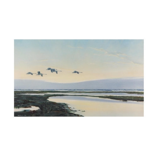 544 - AFTER SIR PETER SCOTT (1908 - 89), 'Swans in Flight', colour reproduction print, 1936, 37cm x 58 cm