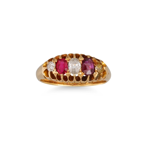 56 - AN ANTIQUE RUBY & DIAMOND FIVE STONE RING, mounted in 18ct yellow gold, size J