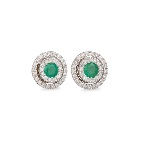 67 - A PAIR OF EMERALD AND DIAMOND CLUSTER EARRINGS, the round emeralds to diamond surrounds, mounted in ... 